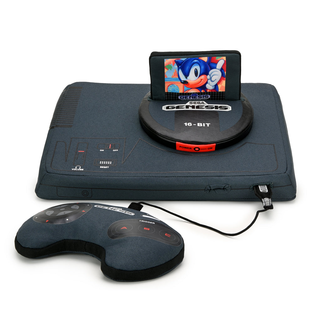 SEGA Genesis plush toy with interactive features and Sonic cartridge, soft and detailed gaming console-themed plush.