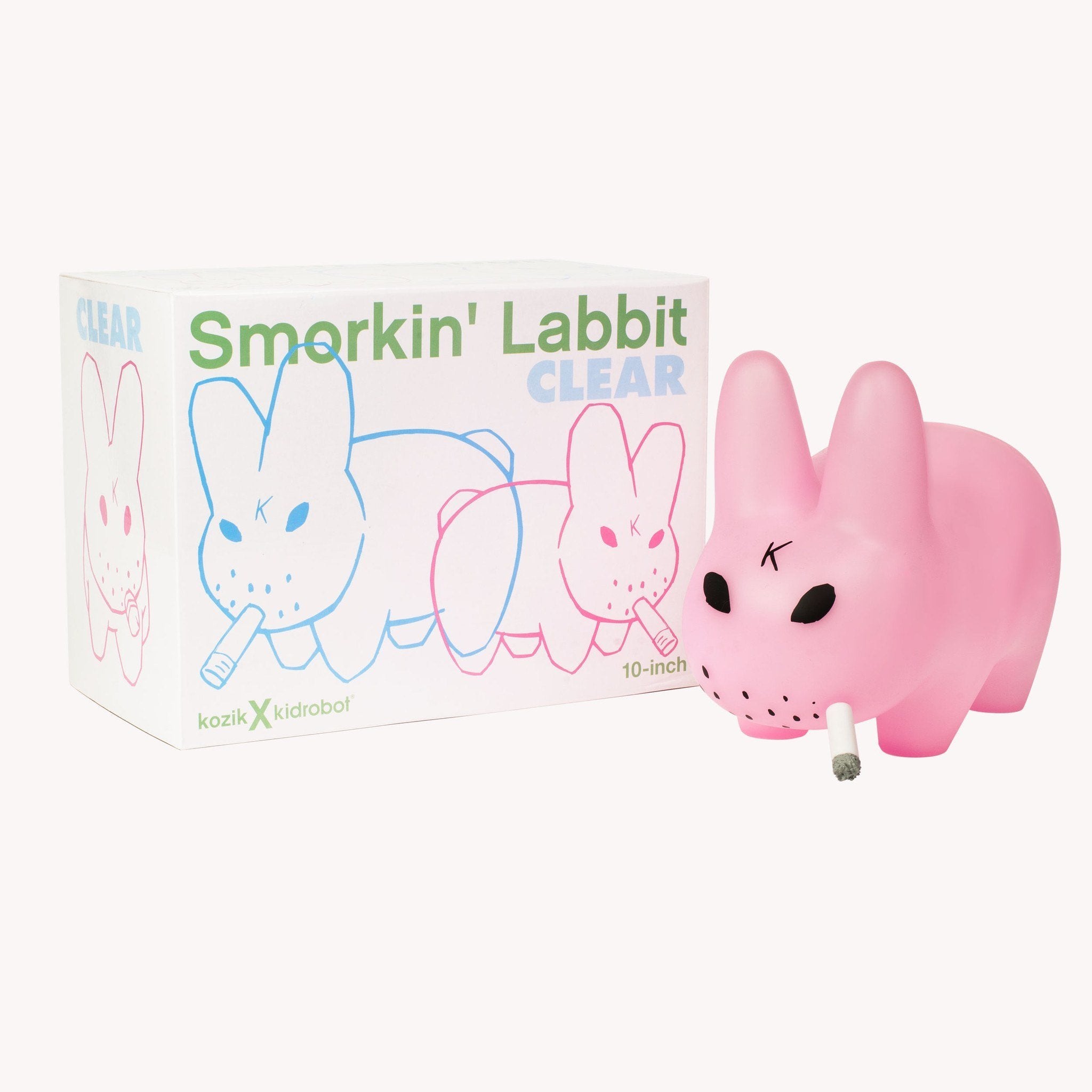 10-inch clear pink Smorkin' Labbit vinyl figure by Frank Kozik, showcasing its smiling face and playful design.