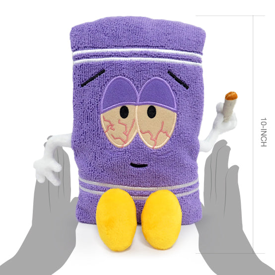 South Park 10-inch Stoned Towelie plush toy by Kidrobot, soft stuffed character from the animated TV series.
