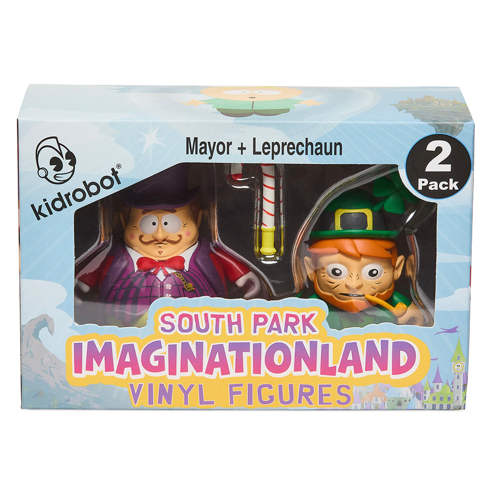 South Park Imaginationland Mayor and Leprechaun 3-inch vinyl figures in a collectible 2-pack, featuring detailed character designs.