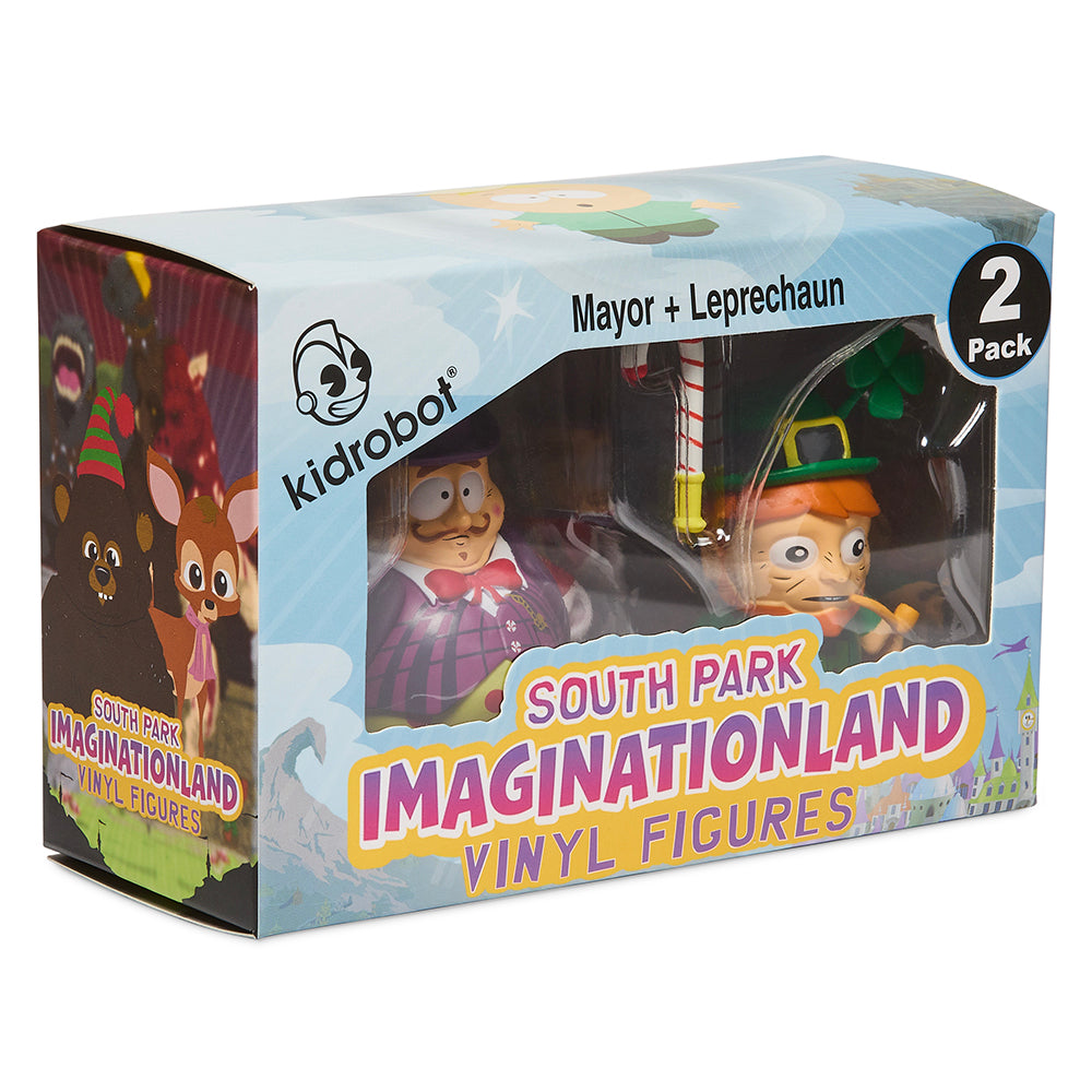 South Park Imaginationland Mayor and Leprechaun 3-inch vinyl figures, mini collectible set from the South Park brand.