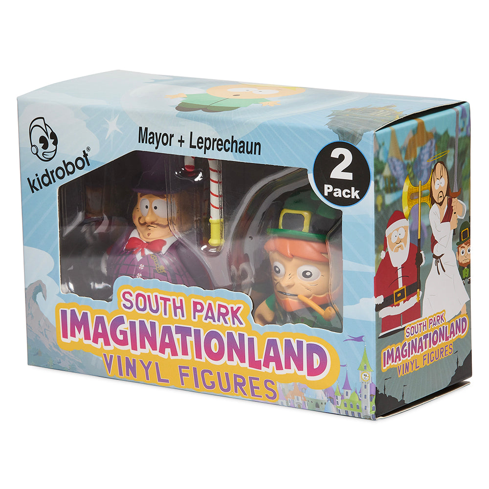 South Park Imaginationland Mayor and Leprechaun 3-inch vinyl mini figures, collectible toy set from South Park series.