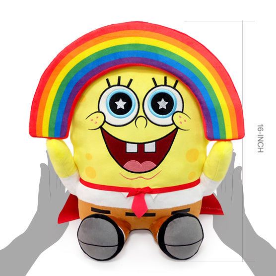 Colorful SpongeBob SquarePants Rainbow 16-inch HugMe vibrating plush toy with soft fabric and cheerful expression.