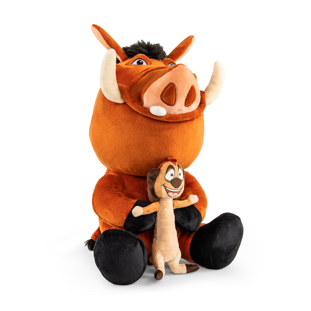 Disney The Lion King Timon & Pumba 16-inch HugMe plush by Kidrobot featuring soft fabric and detailed character designs.