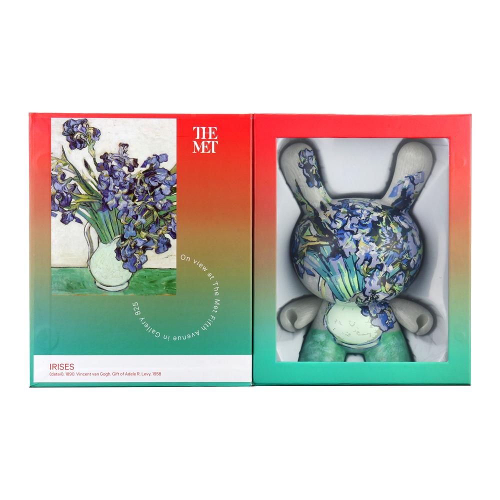 8-inch Dunny figure by The Met featuring Van Gogh Irises artwork, detailed collectible toy with vibrant floral design.