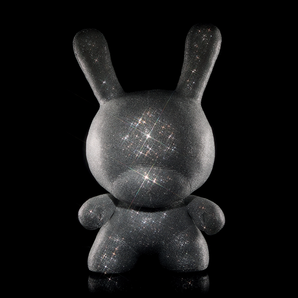 Kidrobot Rhinestone Dunny giant 20-inch plush figure with shiny rhinestone accents, soft and huggable plush toy.