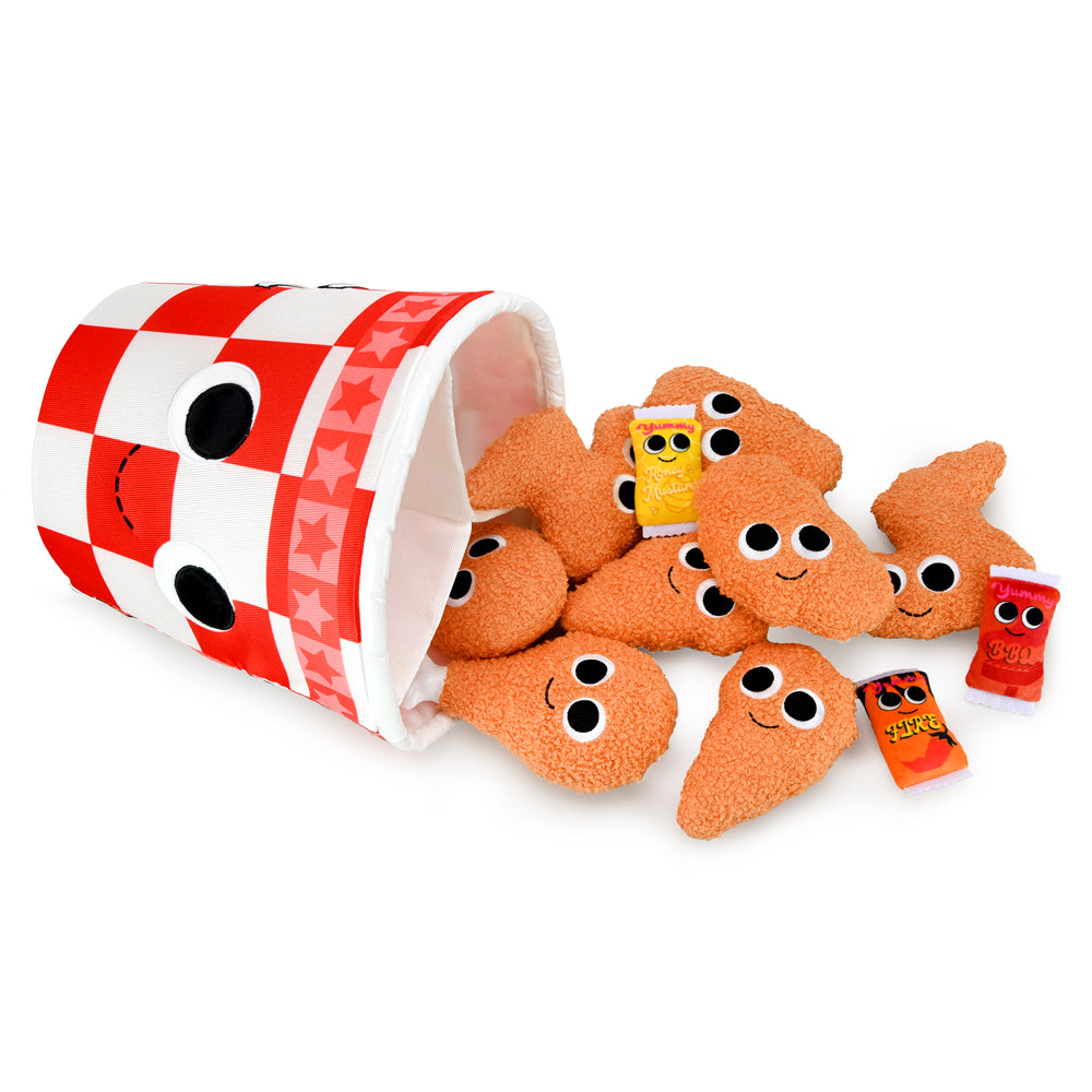 Yummy World Bertha Bucket of Fried Chicken plush toy with interactive features, soft and colorful plush fabric, detailed chicken design