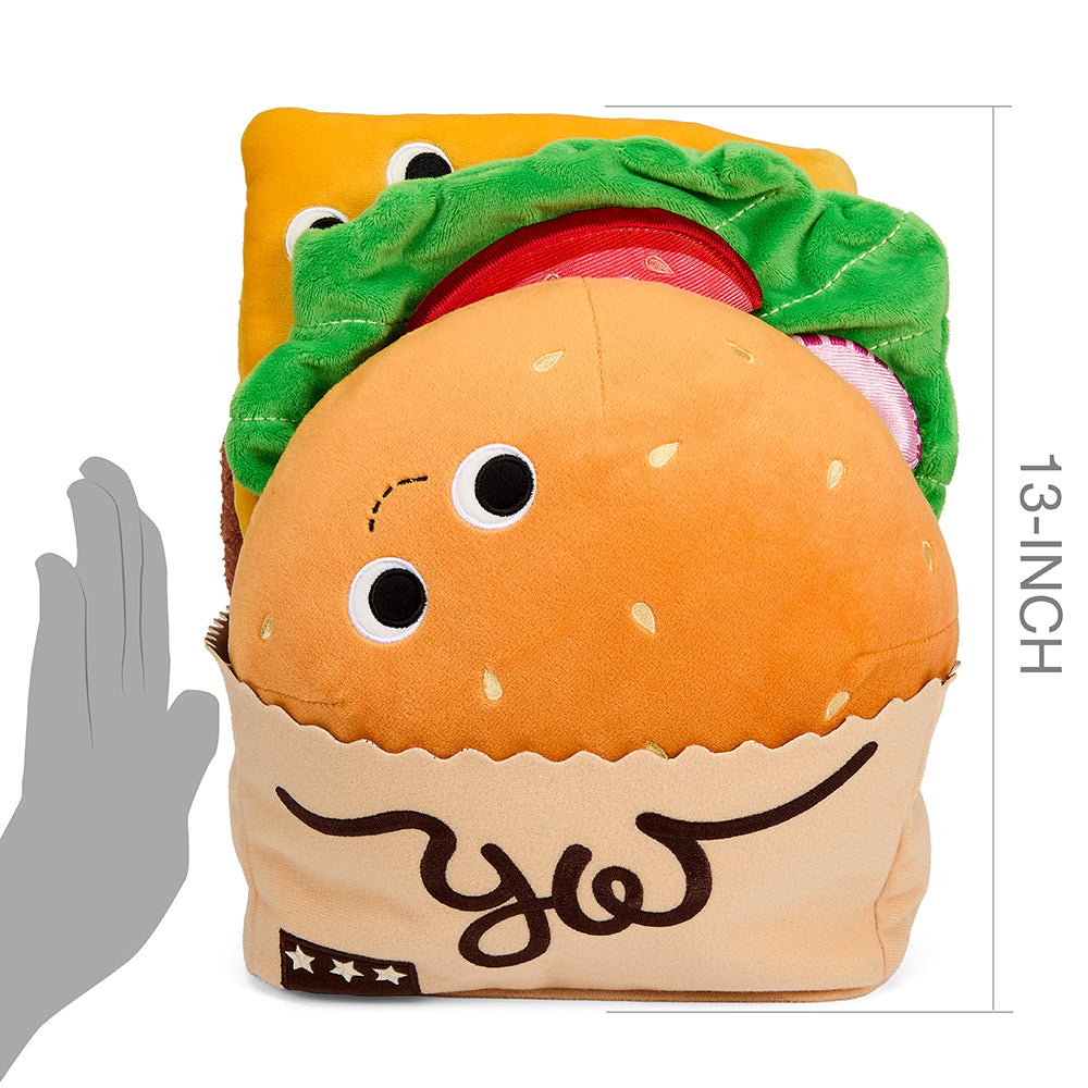 Yummy World Bonnie Burger 13-inch interactive plush toy featuring a smiling burger character with soft fabric and playful design.