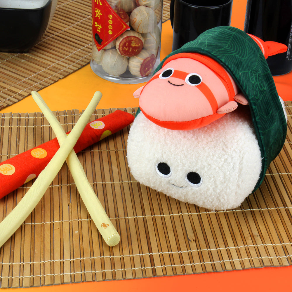 Yummy World Bubba the Shrimp Nigiri Sushi plush toy, soft interactive plush with detailed shrimp and sushi design.