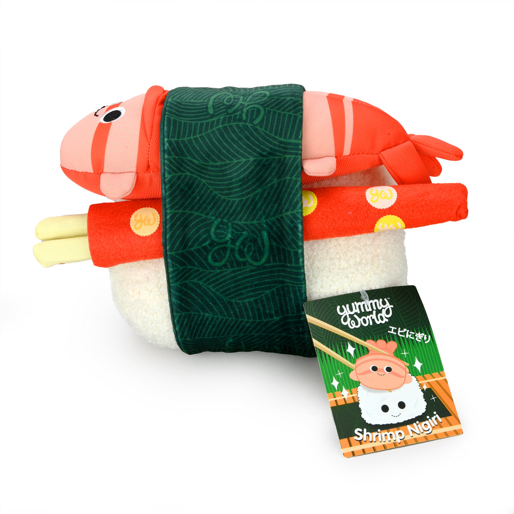 Yummy World Bubba the Shrimp Nigiri Sushi plush toy, soft and interactive, featuring bright colors and detailed shrimp and rice design.