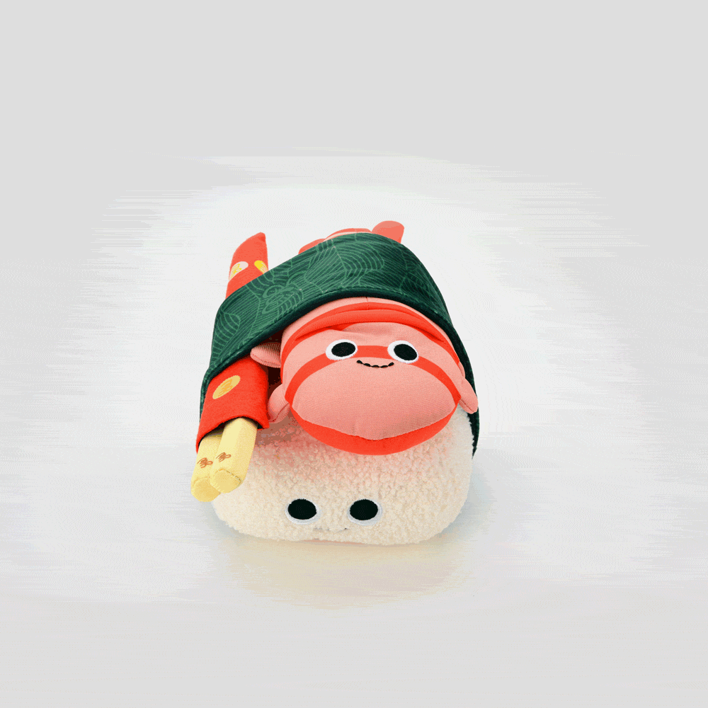 Yummy World Bubba the Shrimp Nigiri Sushi plush toy, soft and interactive plush character with detailed shrimp and sushi design.