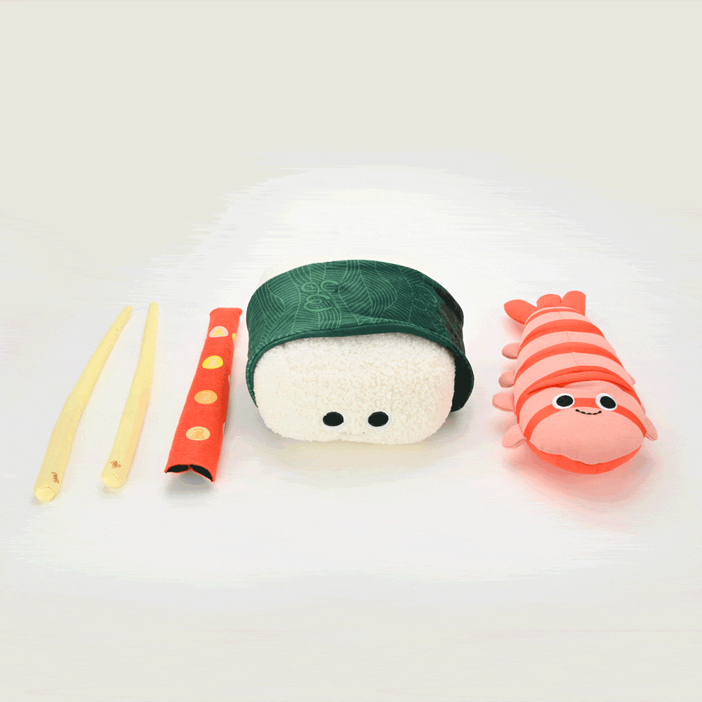Yummy World Bubba the Shrimp Nigiri Sushi plush toy, soft and interactive plush featuring detailed shrimp nigiri design.
