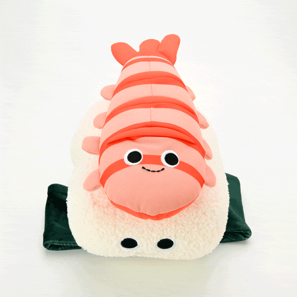 Yummy World Bubba the Shrimp Nigiri Sushi plush toy with interactive features, soft and colorful stuffed seafood character.