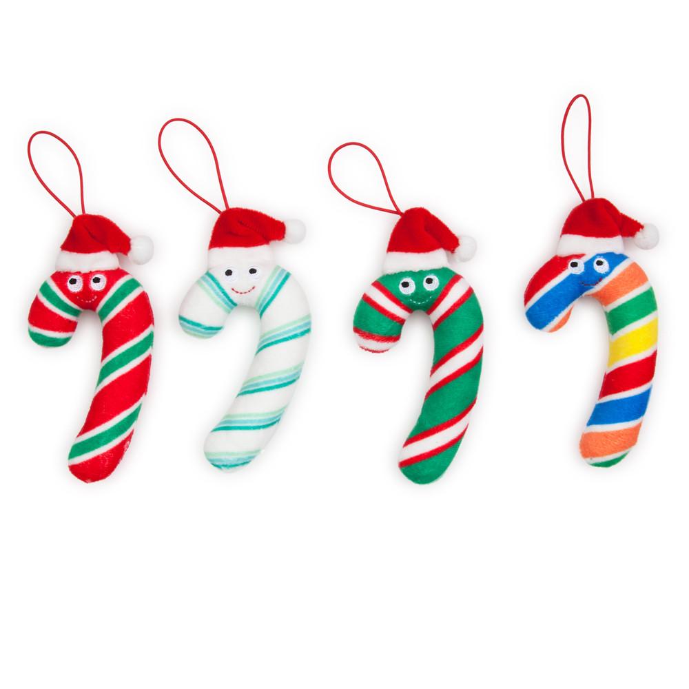 Set of four Yummy World Candy Cane Plush Ornaments featuring colorful, soft plush candy cane designs for holiday decor.
