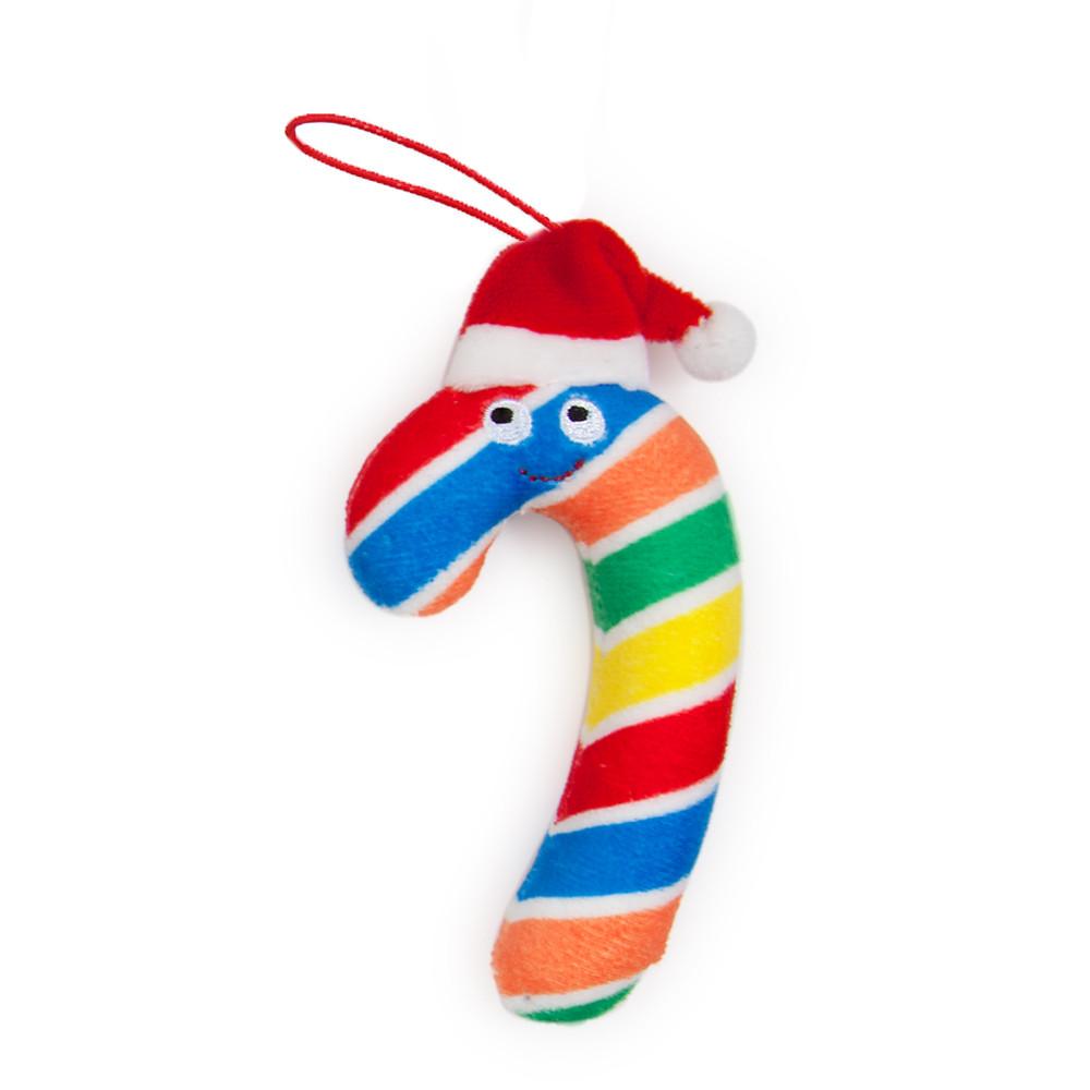 Set of four Yummy World Candy Cane plush ornaments featuring colorful, soft plush candy cane characters for holiday decor.