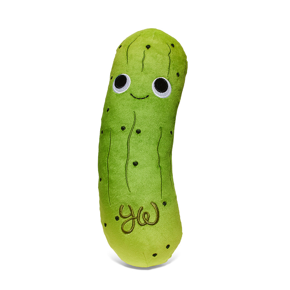 Yummy World Crunchy Pickle plush toy in a bag, 10-inch interactive soft plush from Yummy World, with detailed pickle design.