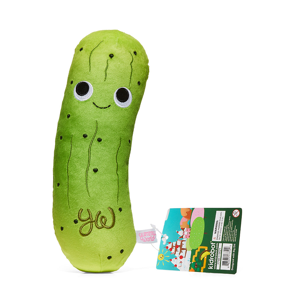 Yummy World Crunchy Pickle plush toy in a bag, 10-inch interactive stuffed plush with bright pickle design.