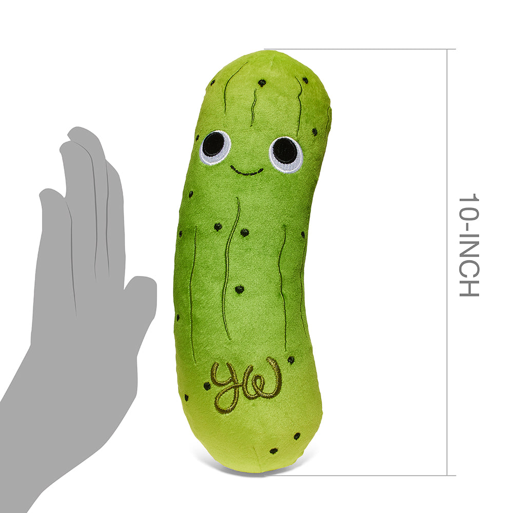 Yummy World Crunchy Pickle plush toy in a bag, 10-inch interactive stuffed plush, soft and colorful pickle character.
