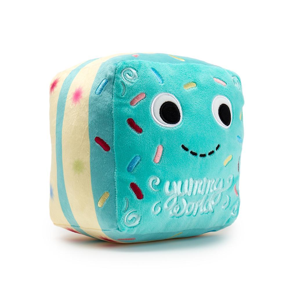 Yummy World Finn Funfetti Cake plush toy with colorful cake design and soft fabric, perfect for cuddling.