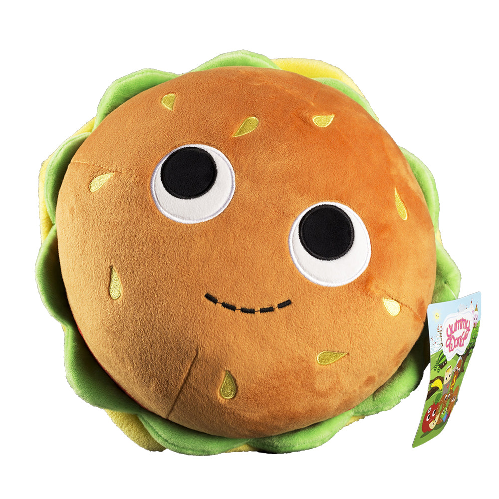Yummy World Burger Plush toy featuring a soft, colorful plush burger with bun, lettuce, cheese, and patty details.