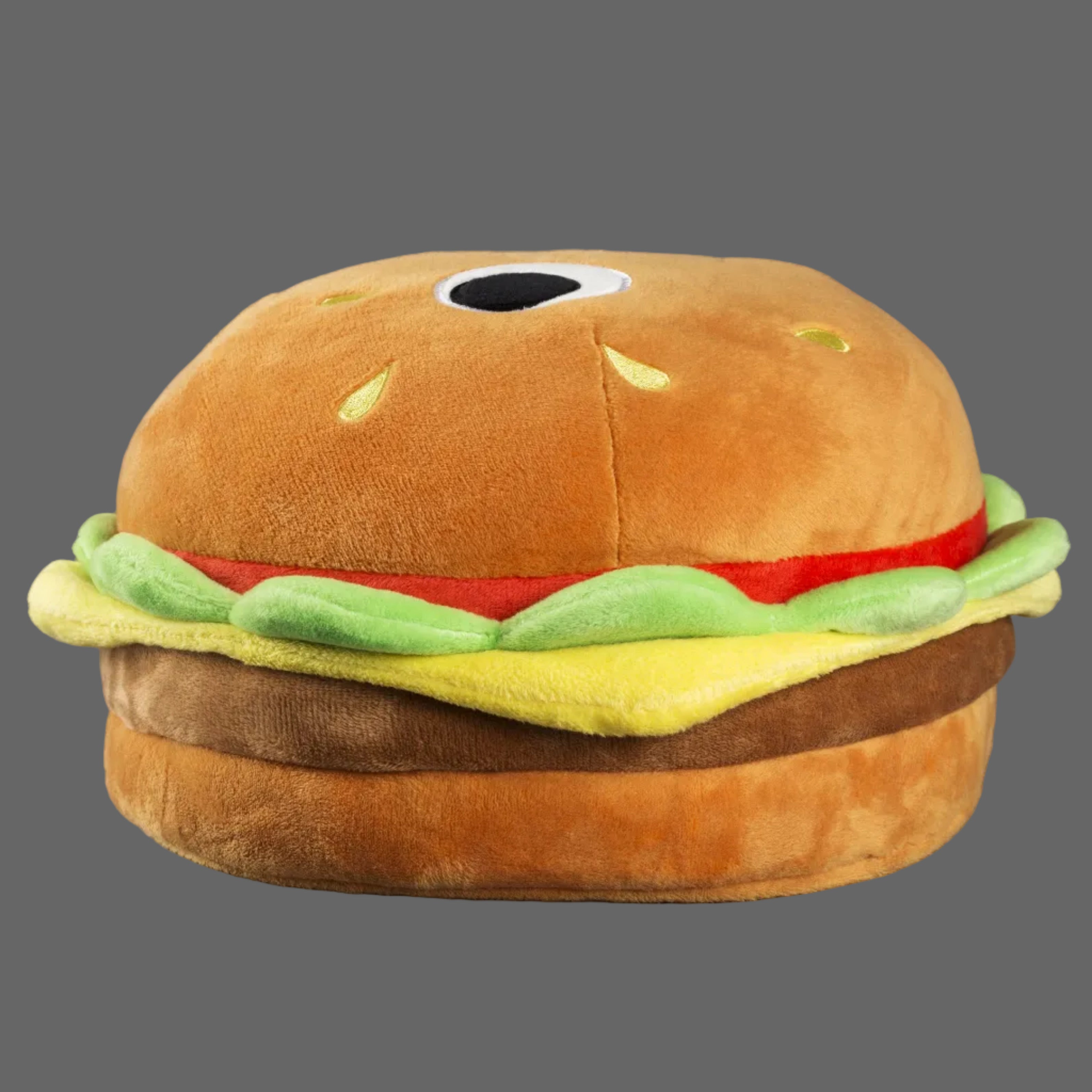 Yummy World Burger Plush toy featuring a soft, colorful plush burger with bun, lettuce, and toppings, perfect for cuddling.
