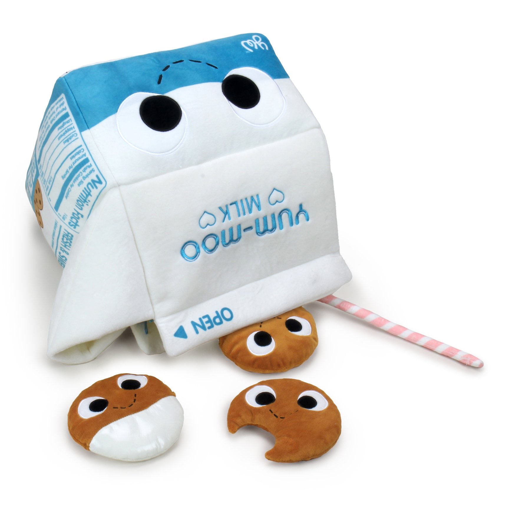 Yummy World Milk and Cookies interactive plush toy featuring a soft, cuddly milk carton and cookie character from Yummy World.