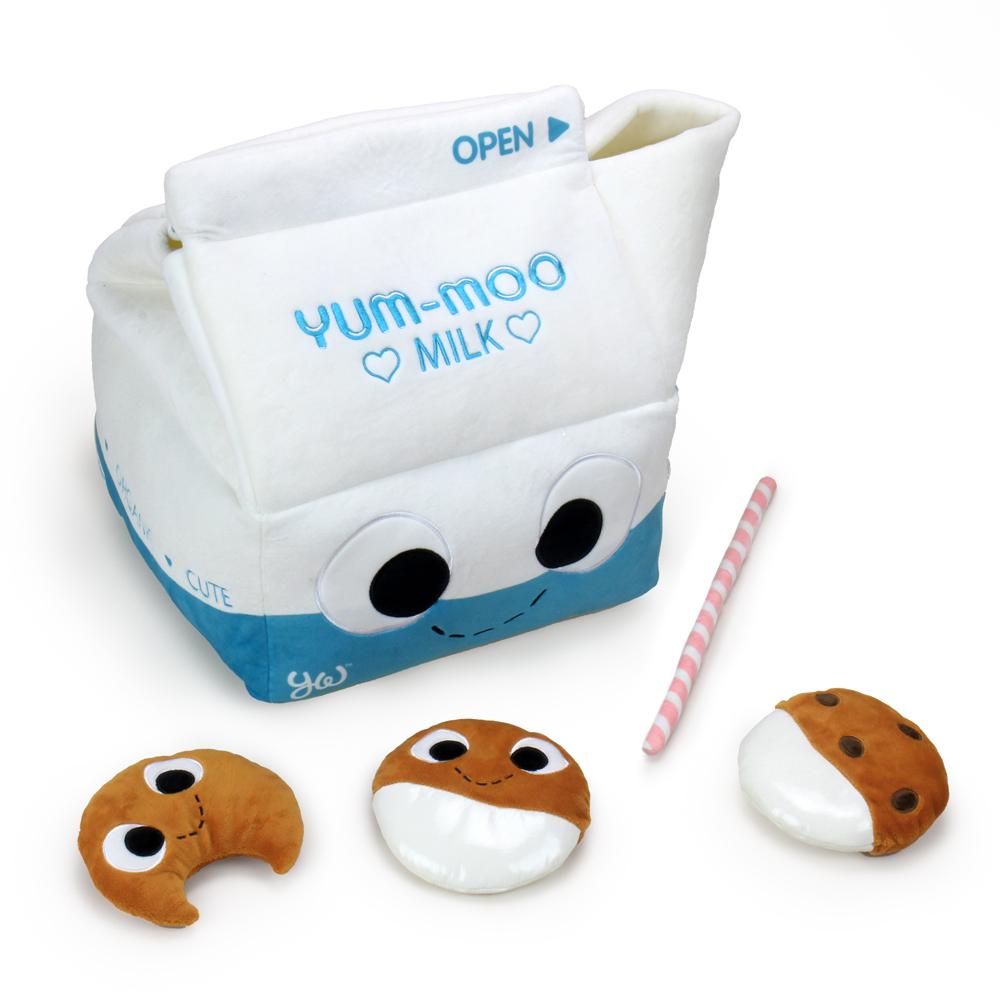 Yummy World Milk and Cookies interactive plush toy featuring soft fabric and detailed cookie and milk character design.
