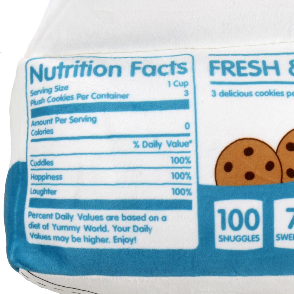 Yummy World Milk and Cookies plush toy featuring a soft, interactive plush character with a milk carton and cookie design.