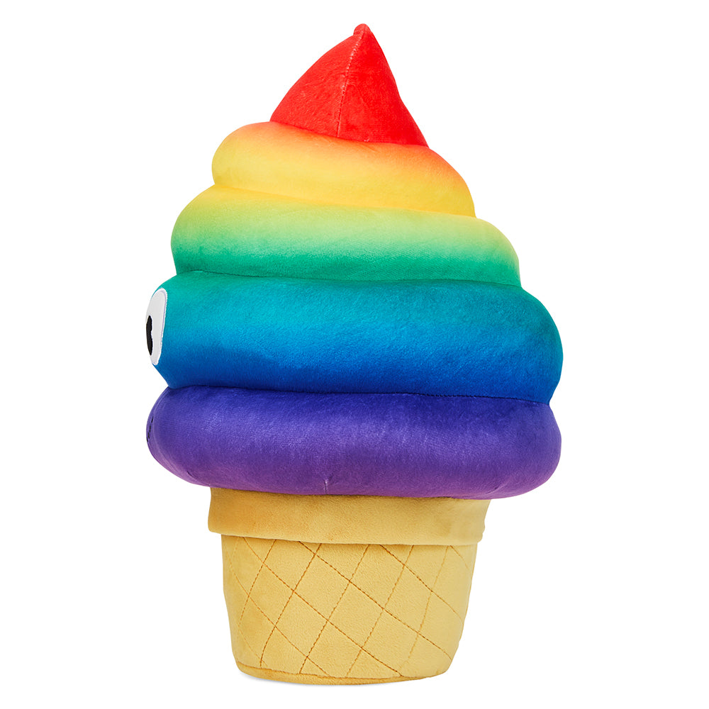 Yummy World Rainbow Soft Serve Sally plush toy resembling a colorful ice cream cone with a smiling face and soft fabric texture.