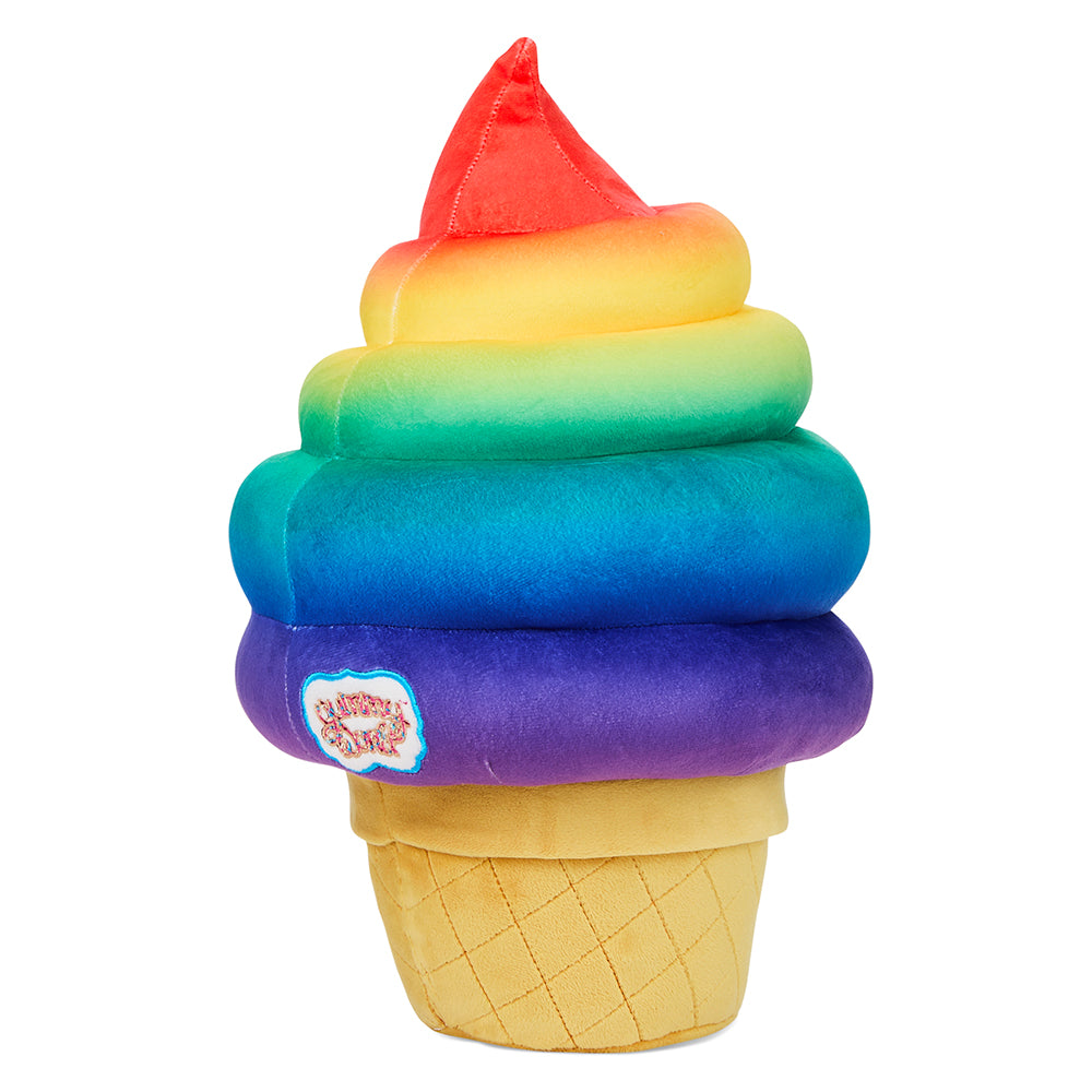Yummy World Rainbow Soft Serve Sally plush ice cream cone with colorful rainbow design and soft fabric texture.