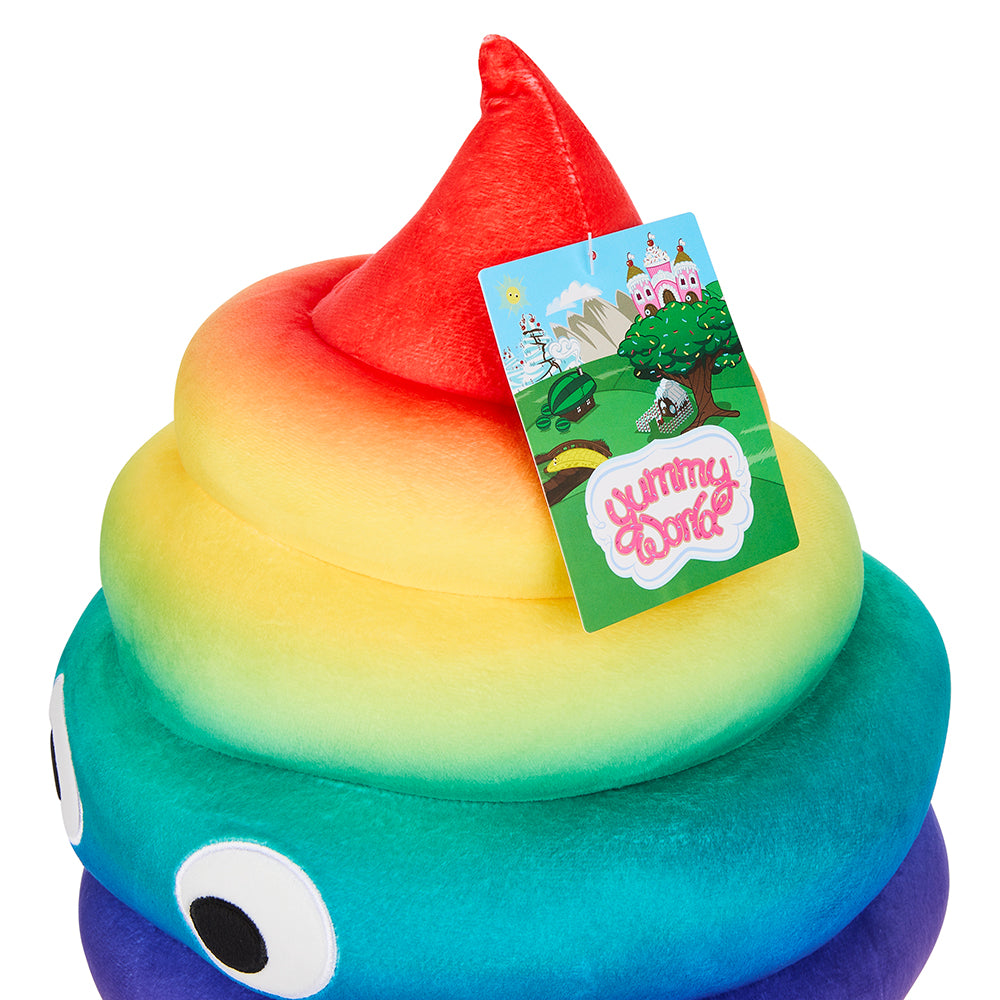 Yummy World Rainbow Soft Serve Sally plush toy resembling an ice cream cone with colorful rainbow soft serve and a smiling face.