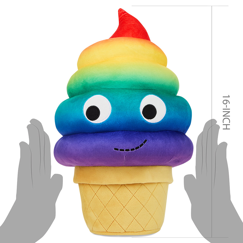 Yummy World Rainbow Soft Serve Sally plush toy resembling a colorful ice cream cone with a smiling face and soft fabric texture.