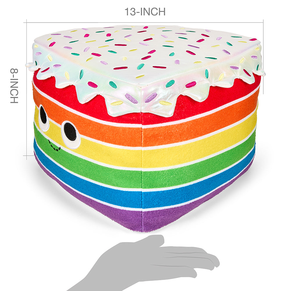 Yummy World Roy the Rainbow Cake 13-inch plush toy with colorful rainbow cake design and soft fabric texture.