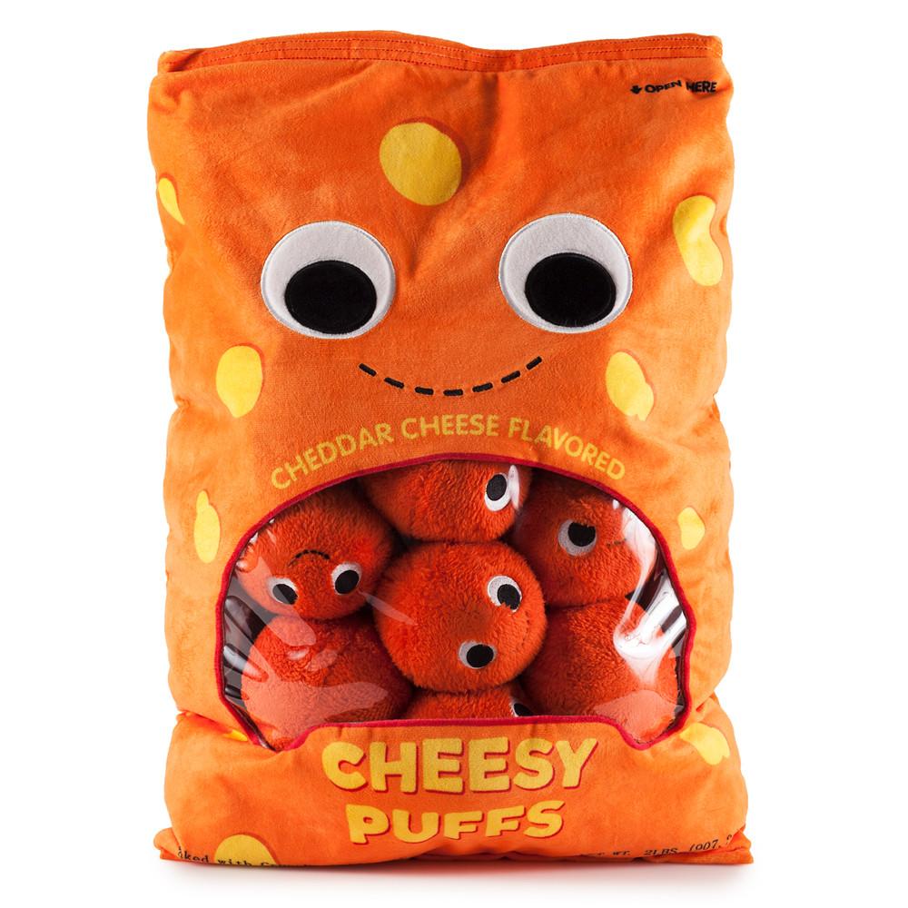 Yummy World XL Cheesy Puffs plush toy showing a colorful, soft cheese puff character with embroidered facial features.
