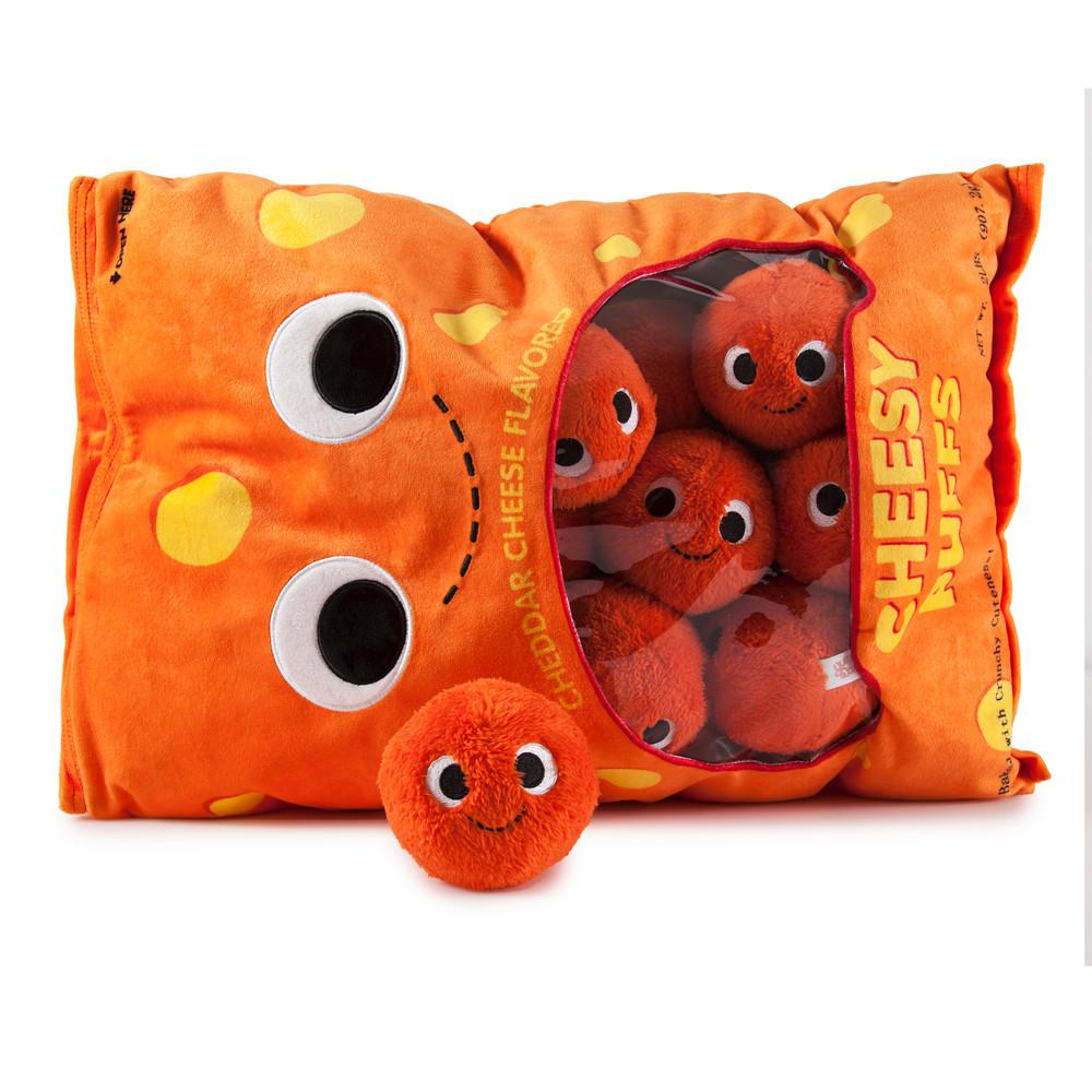 Yummy World XL Cheesy Puffs plush toy showing a soft, colorful cheese puff character with a cheerful expression.