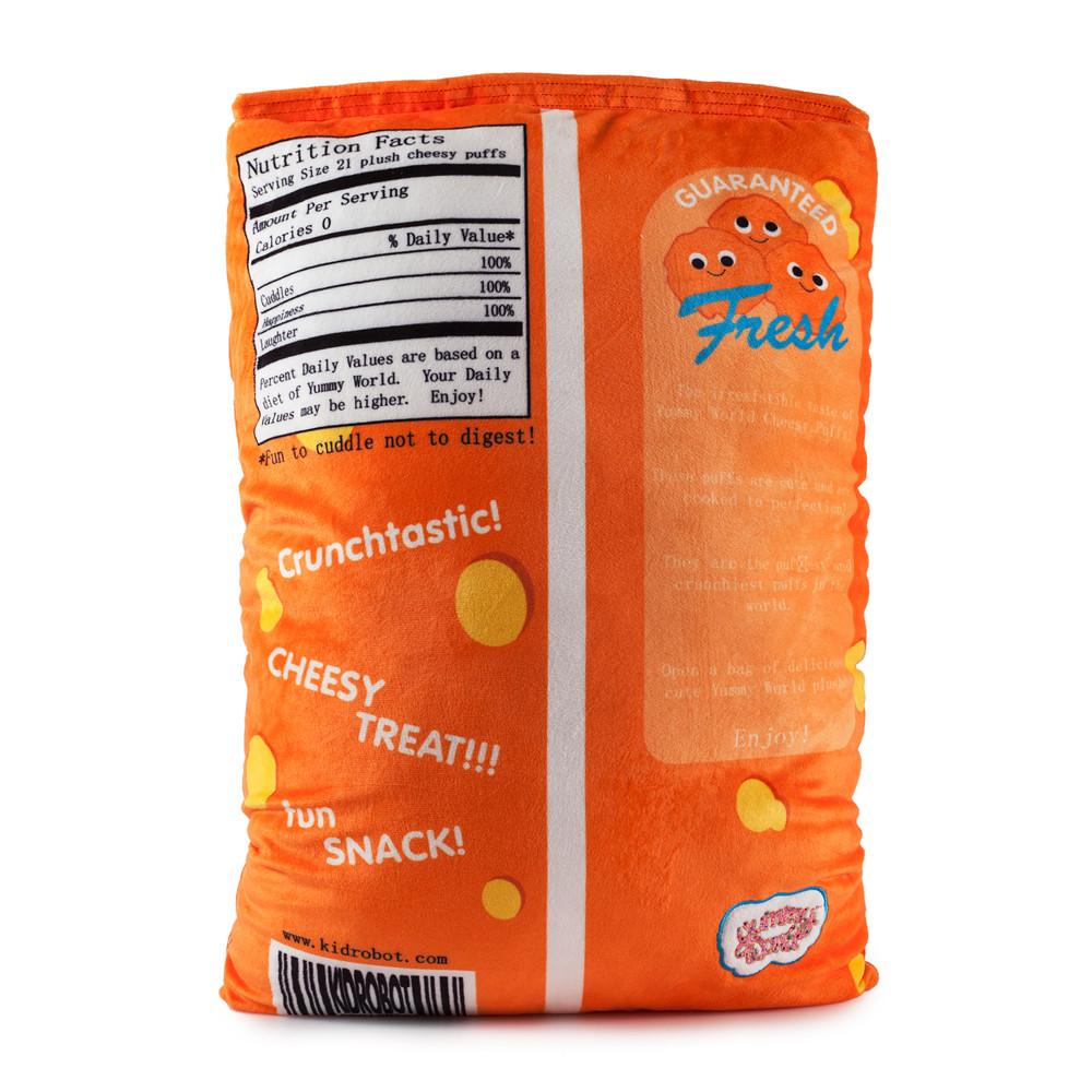 Yummy World XL Cheesy Puffs plush toy, soft interactive food plush in bright yellow with cheese puff design and detailed features.