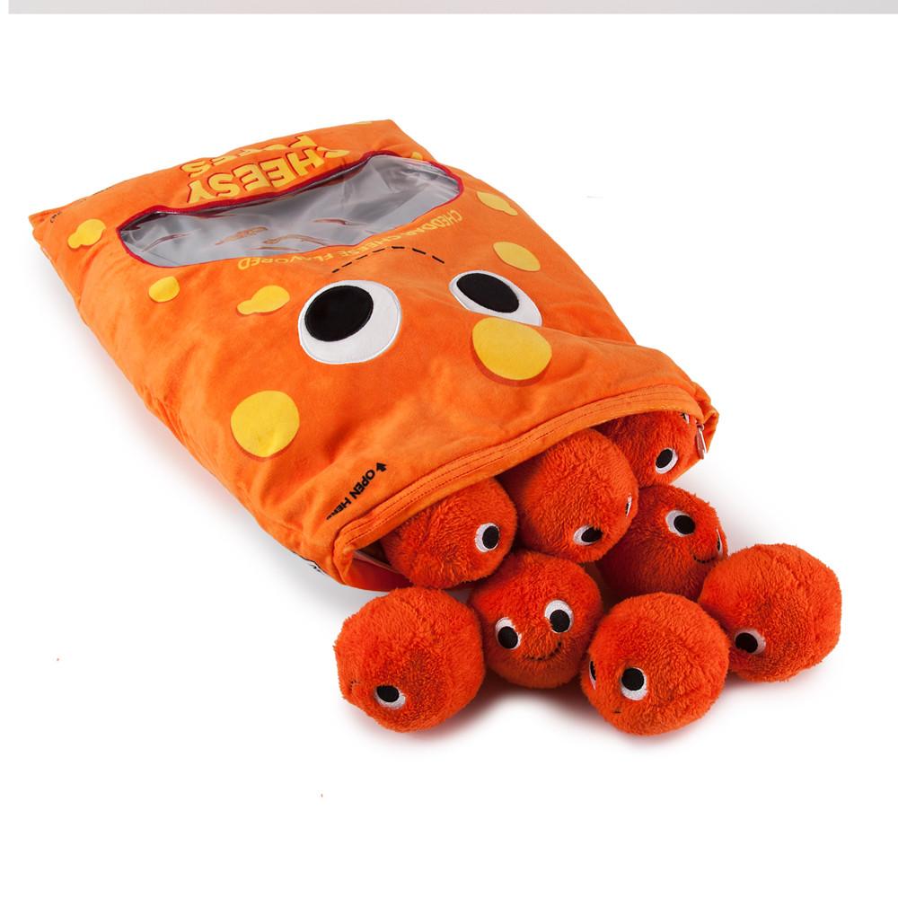 Yummy World XL Cheesy Puffs plush toy, soft and colorful interactive food plush representing cheesy snack characters.
